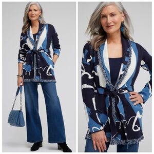 CHICO’S NWT 4 Fringe Abstract Print Cardigan Sweater XXL • Self Belt Tie Pockets